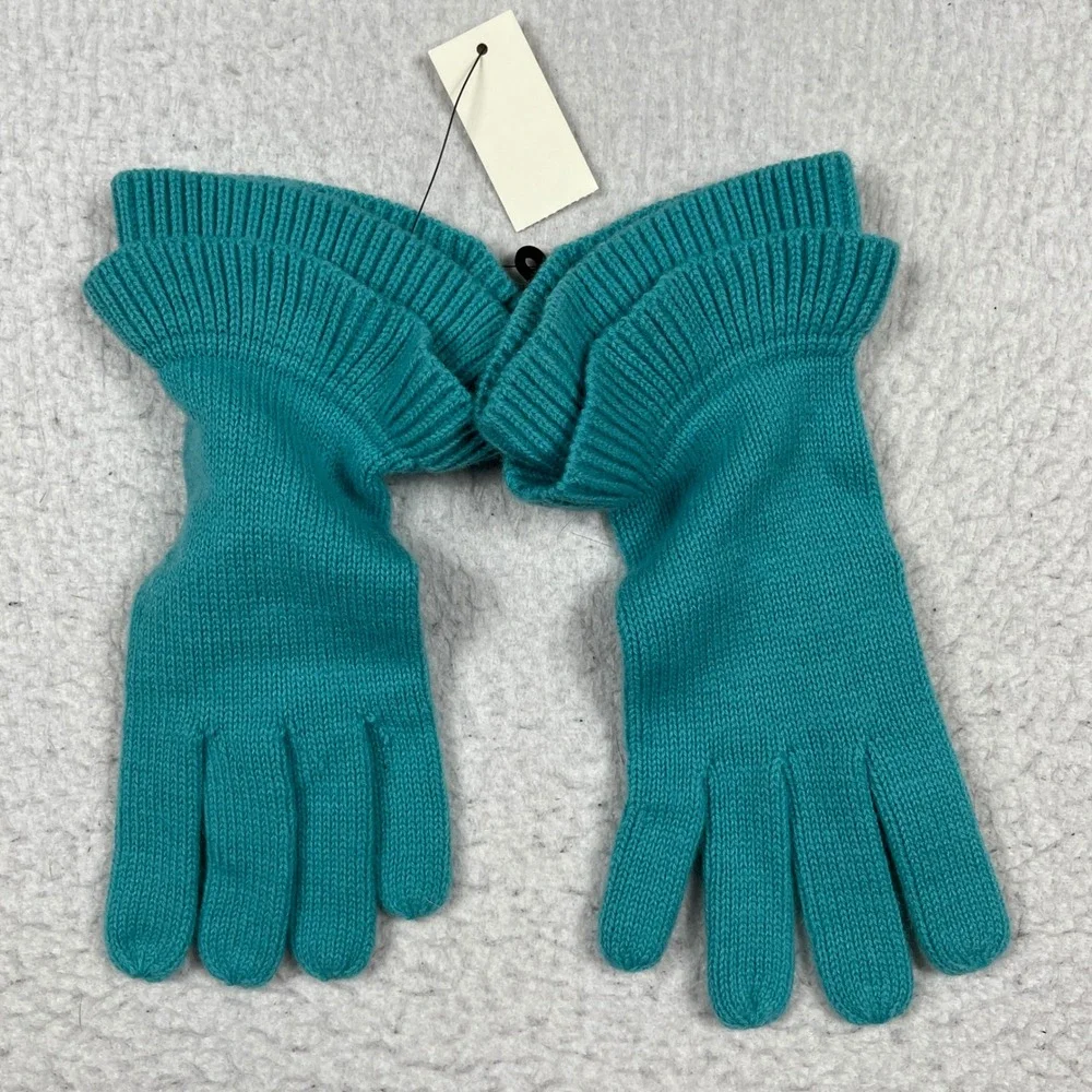 Talbots Ruffle Cuff Gloves Womens One‎ Size Teal Blue Lambswool Blend Knit NEW